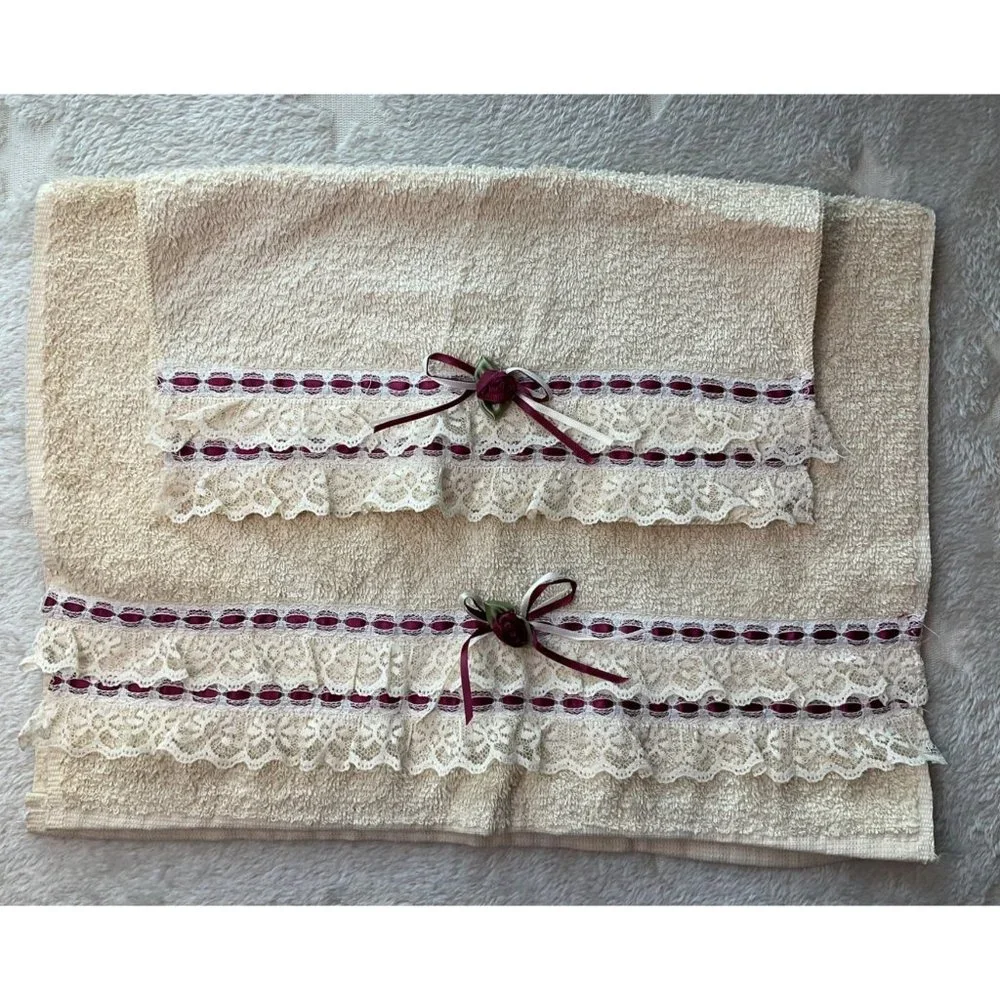 Vintage St.Mary's New W/Tags Hand Towels Beige Bow/Rose with flower Cotton Cotta